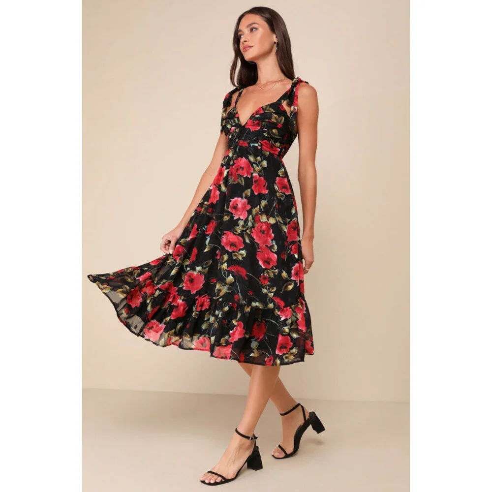 Lulus Lush Loveliness Black Floral Jacquard Tie-strap Midi Dress - Size M - Picture 1 of 1